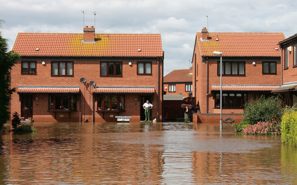 Front view of a flash flooded residential street