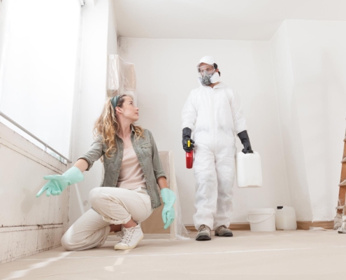 Two people working on house analyzing mold issue