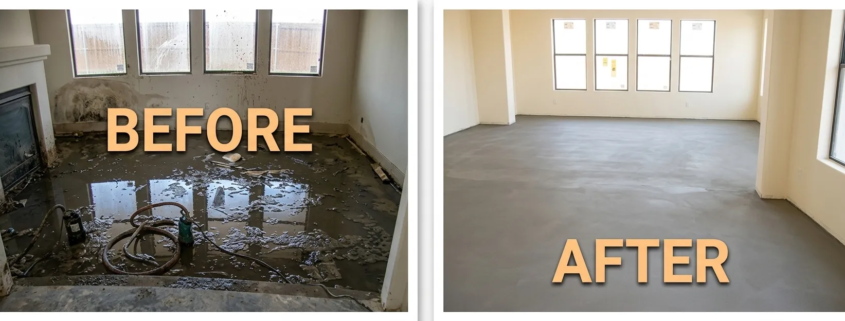 Why 24/7 Restoration Services Matter When Disaster Strikes Your Home or Business 1 Before and after 247 restoration service on a flooded San Antonio living room