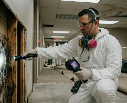 Commercial Mold Remediation: 5 Critical Truths That Protect Your Employees and Property Value 22 commercial mold remediation technician inspecting mold in office building Primetime restoration
