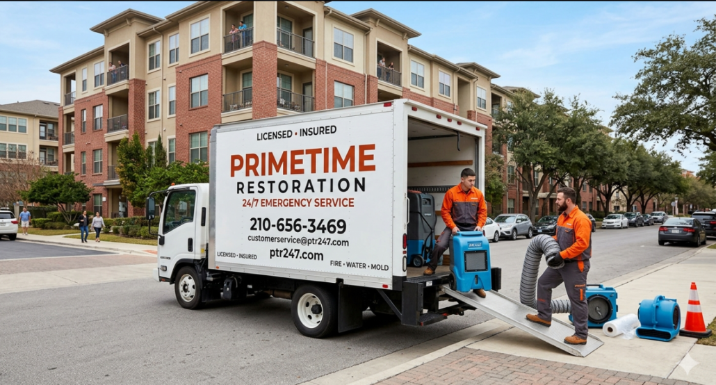 HOA Responsibility Water Leak : 7 Critical Things Every Homeowner and Property Manager Must Know Before It's Too Late 6 Prime Time restoration team responding to HOA responsibility water leak at San Antonio condo complex